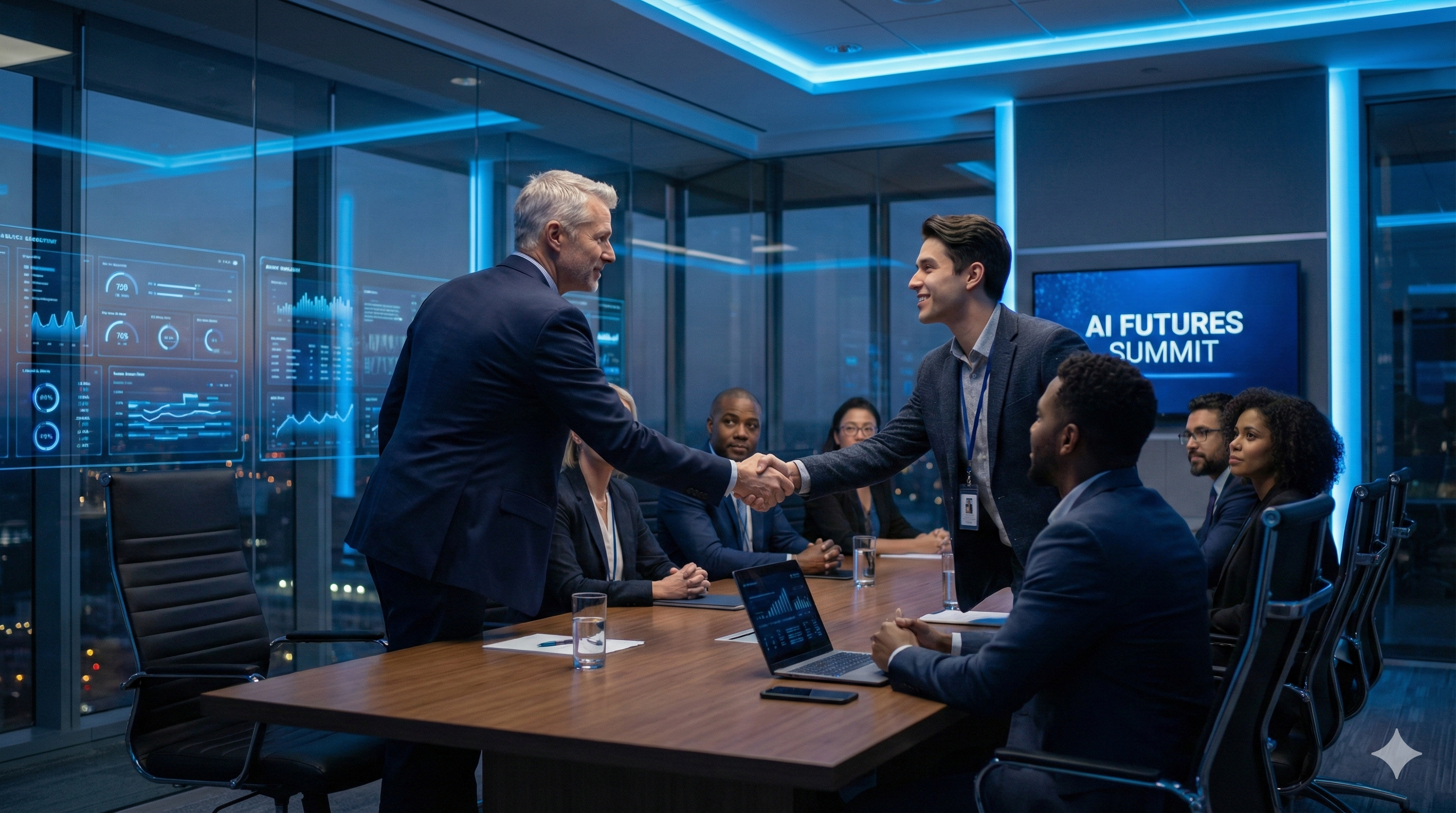 Reunión corporativa ITSEIA con ejecutivos y pantallas de IA